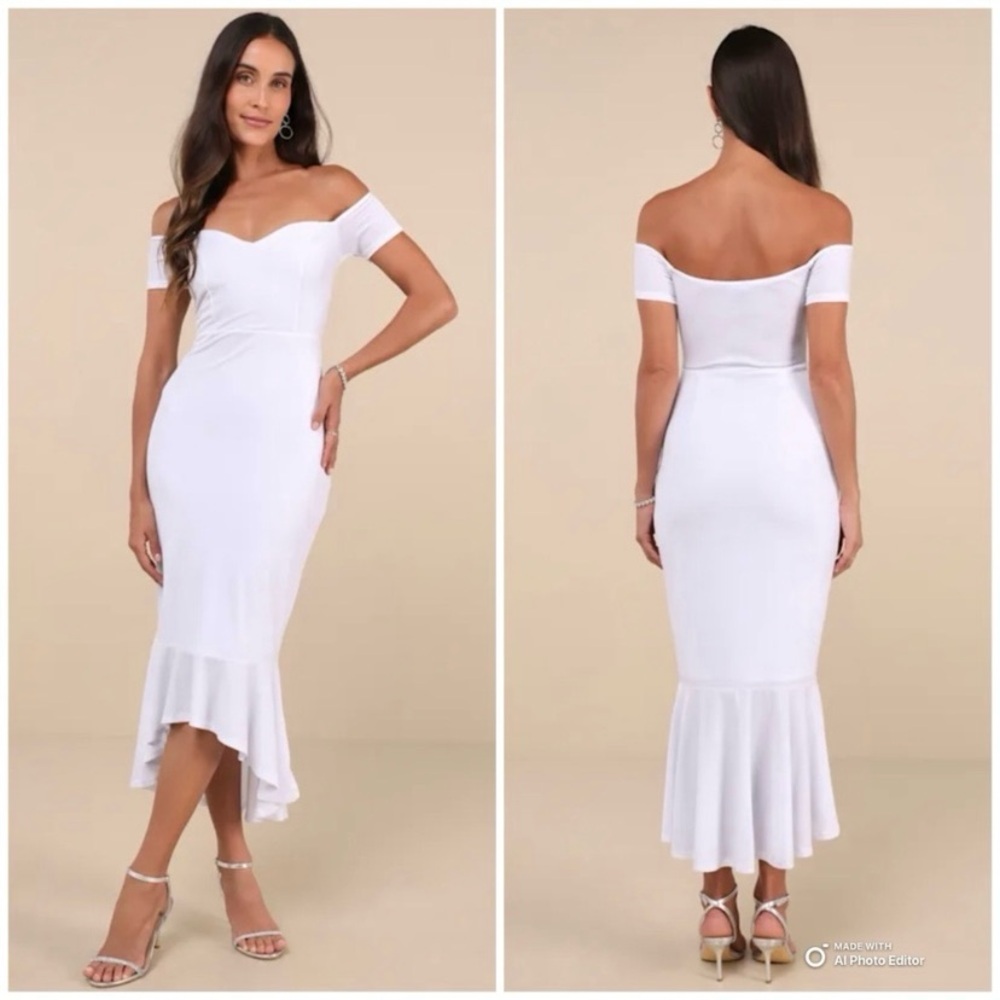Lulus Size Medium How Much I Care White Velvet Off-The-Shoulder Midi Dress NWT